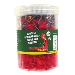 225 pieces Scorpion Self-Aligning Wall Plugs and 225 pieces Fine Thread bugle head 7g-15x50mm Screws per container